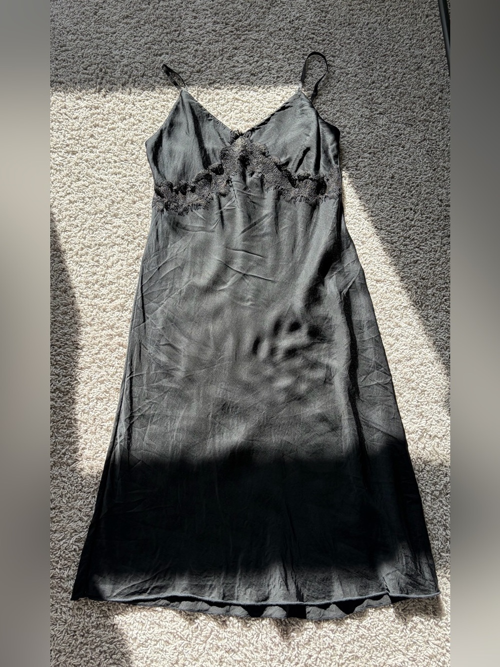 PLUM Black Satin Slip Dress with Lace Trim Adjustable Straps